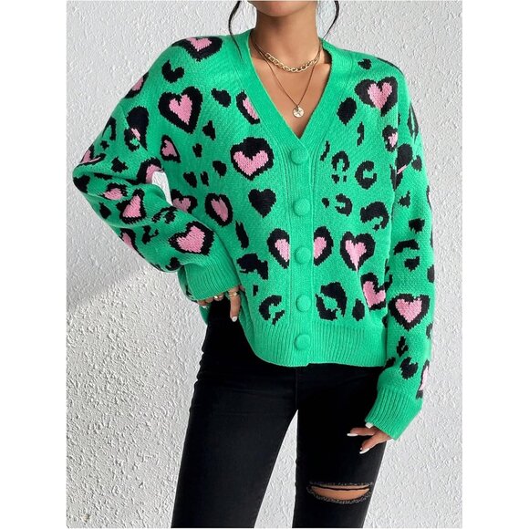 Leopard Women's Cardigan Sweater V Neck Long Sleeve Button Down Fall Wear - Picture 4 of 6